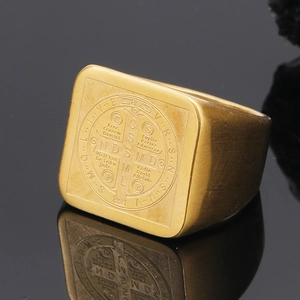 Vintage gold Saint Benedict cross signet ring in brushed stainless steel for men