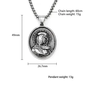 Collana con ciondolo ovale Vergine Maria in acciaio inossidabile con misure dettagliate