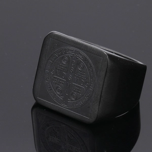 Men's vintage black Saint Benedict Medal signet ring in matte stainless steel