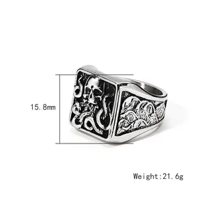 Bague vintage pour hommes en acier avec crâne de poulpe et finition oxydée rétro