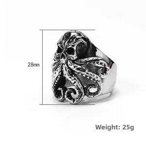 Detail view of punk skull octopus ring with 28mm height and vintage steel finish