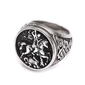 Vintage Saint George Dragon Slayer punk signet ring for men in antique silver finish