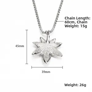 Men hip hop maple leaf pendant in silver steel finish with 60cm long twist chain necklace