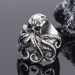 Retro punk gothic octopus skull ring in silver stainless steel for men with tentacles