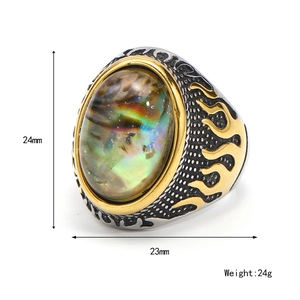 Vintage punk flame ring for men featuring oval abalone shell stone and silver gold finish