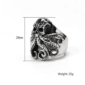 Punk style retro octopus and skull stainless steel ring in vintage silver finish