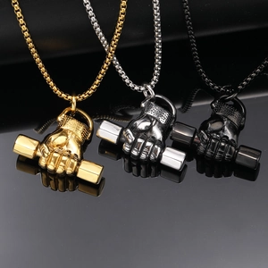 Collier Pendentif Haltère Tenu Par Un Poing En Acier Titane Pour Hommes Bijoux De Sport Musculation Chaîne En Acier Inoxydable