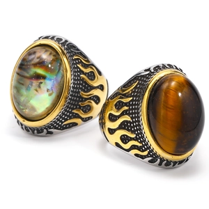 Vintage punk men's titanium steel rings with flame engraving, abalone shell and tiger eye stones