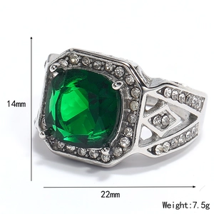 Elegant emerald cut green gemstone ring in silver finish with white diamond accents