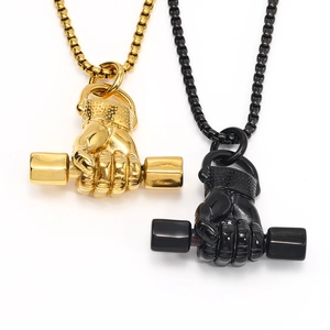 Collier pendentif haltère poing pour homme en acier inoxydable doré et noir avec chaîne