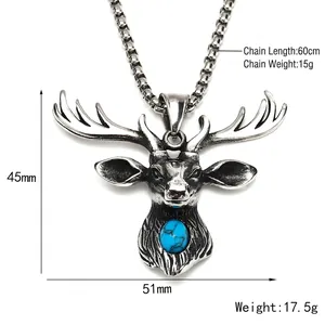 Vintage stag head pendant necklace in stainless steel with blue turquoise gemstone
