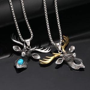 Vintage Titanium Steel Deer Head Pendant Necklace For Men Retro Hip Hop Rhinestone Stag Necklace Stainless Steel Jewelry