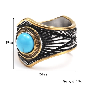 Bague plume bohème turquoise en acier or et argent avec spécifications