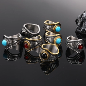 Bague en Acier Titane Vintage Plume pour Hommes Rétro Punk Ethnique Incrusté Turquoise Rouge Noir Pierre Biker Bijoux