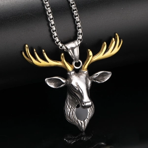 Minimalist stainless steel deer head pendant necklace with silver and gold two-tone finish