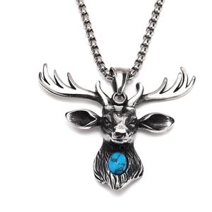 Vintage stainless steel stag head pendant necklace with blue turquoise stone inlay