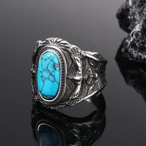 Anillo de Acero de Titanio para Hombre Vintage Con Turquesa Azul Ovalada Patrón de Águila Volante Pluma Joyería Hip Hop Biker