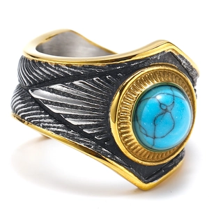 Bague plume vintage en acier inoxydable avec pierre turquoise en tons argent et or