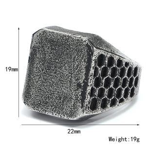 Men's retro punk square signet ring in titanium steel with honeycomb cutouts