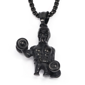 Halskette mit Totenkopf-Hantel-Anhänger aus Titanstahl im schwarzen Muskelmann-Design