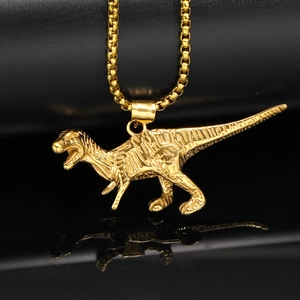 Pendentif dinosaure Tyrannosaurus Rex doré poli sur fond de miroir noir pour hommes et femmes