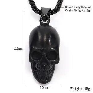 Men's punk style matte black skull pendant necklace with black bead chain accessory
