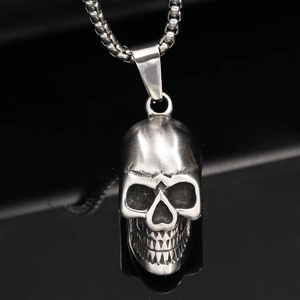 Gothic punk skull pendant necklace in brushed stainless steel with box chain