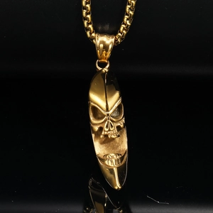 Collier avec pendentif tête de mort style gothique punk doré avec chaîne maille box robuste