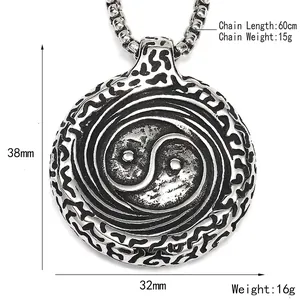 Retro Tai Chi Yin Yang pendant necklace in stainless steel with wave embossed edges