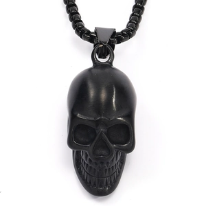 Gothic punk matte black skull pendant necklace for men with durable stainless steel box chain