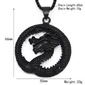 Collier avec pendentif dragon vintage en acier inoxydable noir et chaîne de 60cm