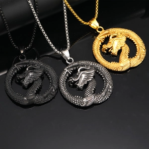 Collier Pendentif Cercle Dragon Vintage Punk en Acier Titane Totem Évidé Bijoux Ethniques Rétro pour Hommes Gothique