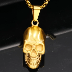 Gold punk skull pendant necklace in titanium steel for men with heavy metal chain link