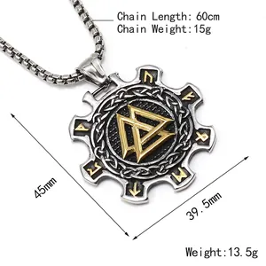 Nordic Viking Valknut pendant necklace with golden runes and stainless steel gear design