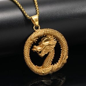 Pendentif dragon rétro en acier titane doré avec chaîne à billes détaillée pour hommes