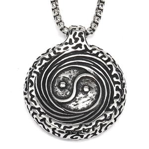 Vintage stainless steel Tai Chi pendant necklace with retro wave texture and box chain