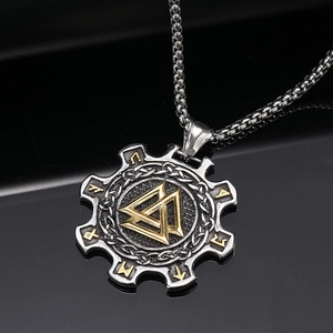 Nordic Viking Valknut pendant necklace with gold gear rune charm on black background