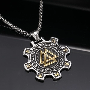 Vintage Viking Valknut Runes Gear Pendant Necklace For Men Distressed Titanium Steel Two-tone Nordic Mythology Punk Jewelry Gift