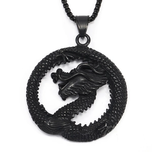 Pendentif dragon rétro en acier inoxydable noir avec gravure détaillée et chaîne à billes