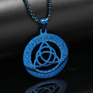Blaue Wikinger-Halskette aus Edelstahl mit keltischem Triquetra und Runenring-Anhänger