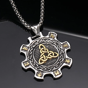 Vintage Viking Triquetra gear pendant necklace in silver and gold tone steel