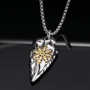 Viking pijlspunt kompas hanger met goud Vegvisir symbool op zilveren box ketting