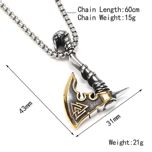 Vintage Viking axe pendant necklace in silver and gold steel with Valknut symbol engraving