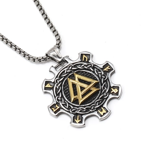 Vintage Viking Valknut necklace in steel with golden runes and gear-shaped pendant edge