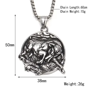 Punk style bull head pendant necklace in titanium steel with 60cm chain length