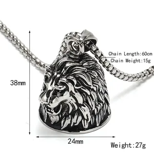 Collier pendentif cloche tête de lion vintage en acier pour homme avec chaîne de 60cm