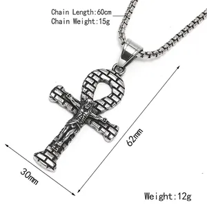 Ancient Egyptian Ankh cross with Jesus crucifix pendant on stainless steel box chain