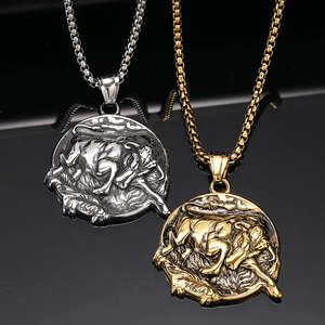 Vintage Punk Hip Hop Bull Head Relief Pendant Necklace For Men Titanium Steel Animal Taurus Coin Pendant Personalized Jewelry