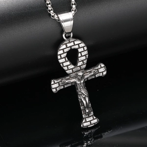 Ancient Egyptian Ankh cross pendant with Jesus crucifix and silver bead chain necklace