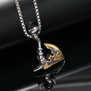 Vintage Viking axe pendant with skull detail and Valknut symbol on box chain for men